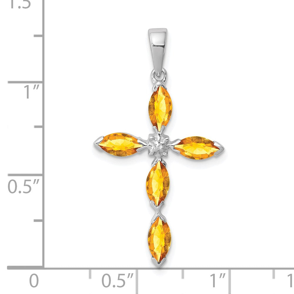 Sterling Silver Rhodium Citrine & Diamond Cross Pendant