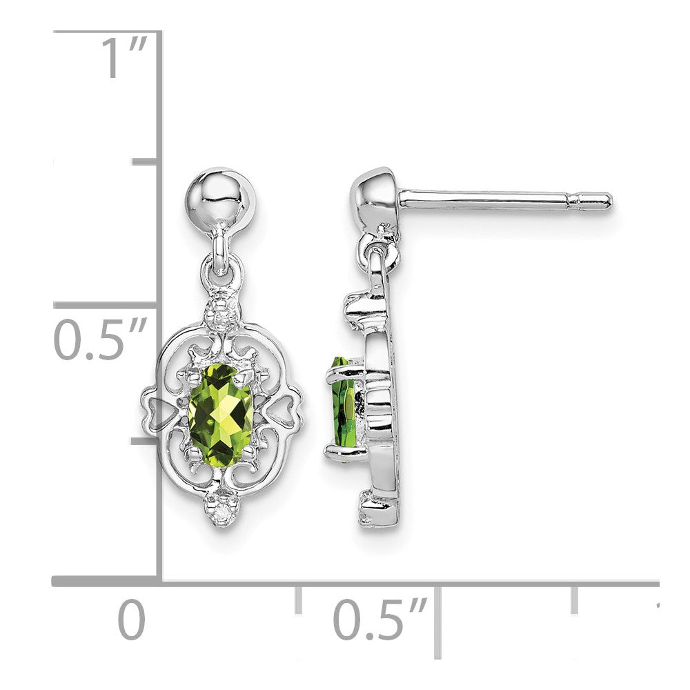Sterling Silver Rhodium Plated Peridot and Diamond Post Earrings
