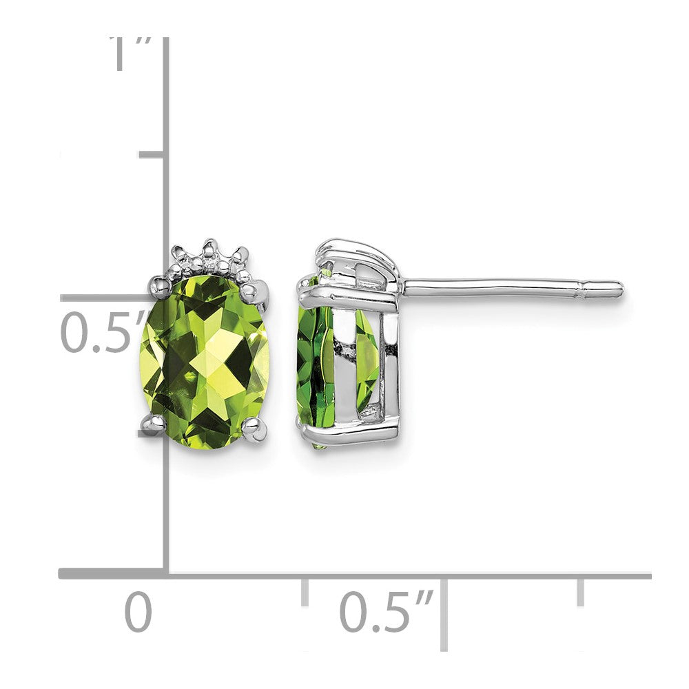 Sterling Silver Rhodium Plated Oval Peridot and Diamond Post Earrings