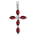 Sterling Silver Rhodium Garnet & Diamond Cross Pendant