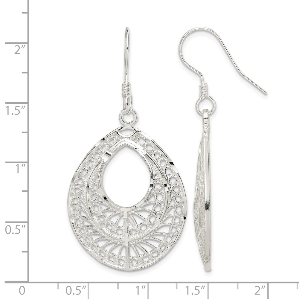 Sterling Silver Polished Textured D/C Filigree Teardrop Dangle Earrings