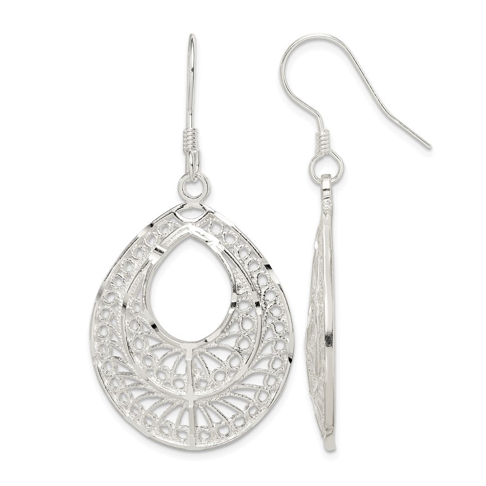 Sterling Silver Polished Textured D/C Filigree Teardrop Dangle Earrings