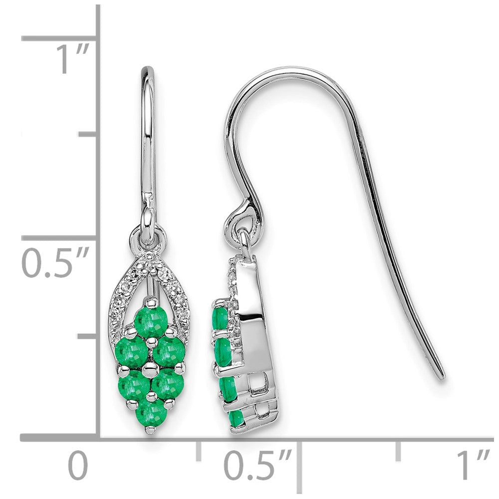 Sterling Silver Rhodium-plated Diam. & Emerald Shepherd Hook Earrings