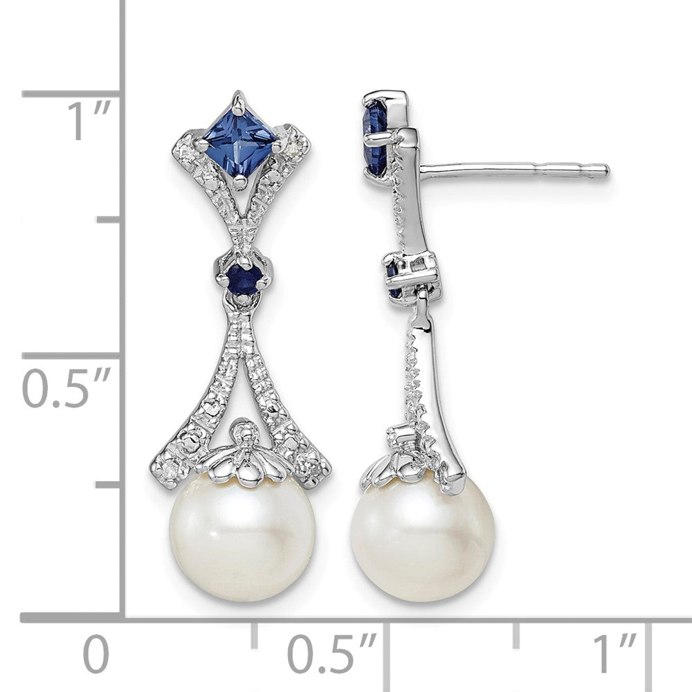 Sterling Silver Rhod Plated Dia. FW Cultured Pearl/Cr. Sapphire Ear