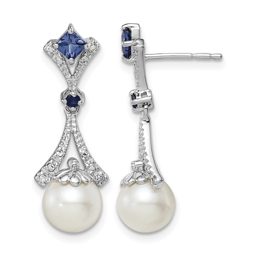 Sterling Silver Rhod Plated Dia. FW Cultured Pearl/Cr. Sapphire Ear