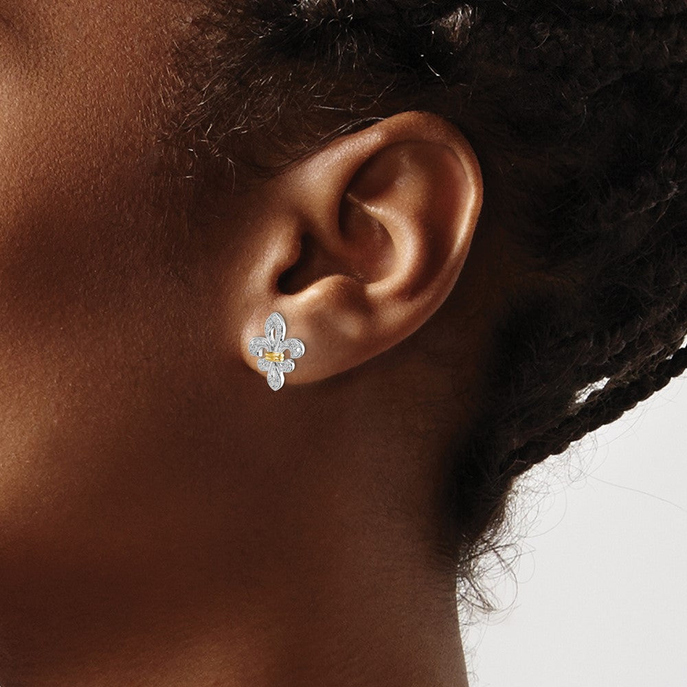Sterling Silver Rhodium & 14k Yellow Gold Diam. Fleur de Lis Post Earrings