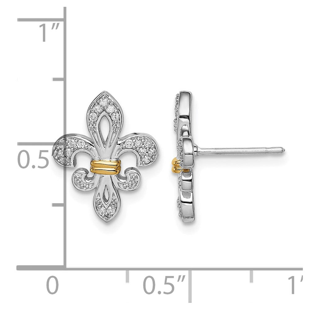 Sterling Silver Rhodium & 14k Yellow Gold Diam. Fleur de Lis Post Earrings