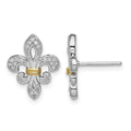 Sterling Silver Rhodium & 14k Yellow Gold Diam. Fleur de Lis Post Earrings
