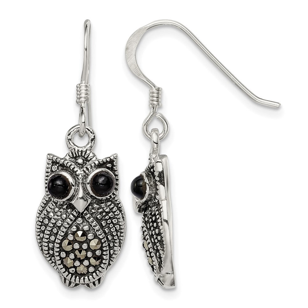 Sterling Silver Antiqued Marcasite/Blk Agate Owl Shepherd Hook Earrings
