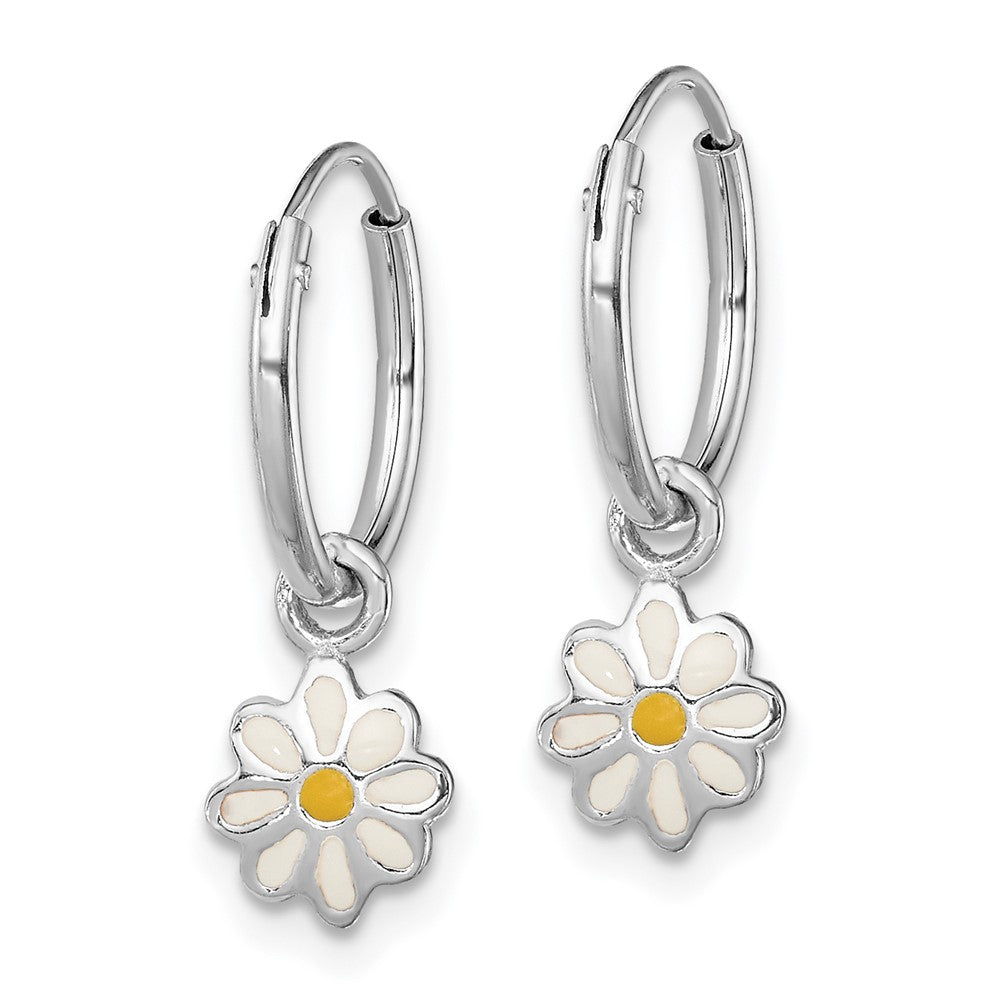 Sterling Silver RH-plated Enameled Daisy Round Hoop Earrings