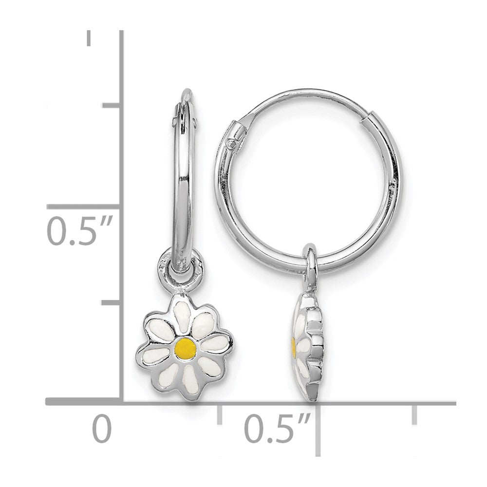 Sterling Silver RH-plated Enameled Daisy Round Hoop Earrings