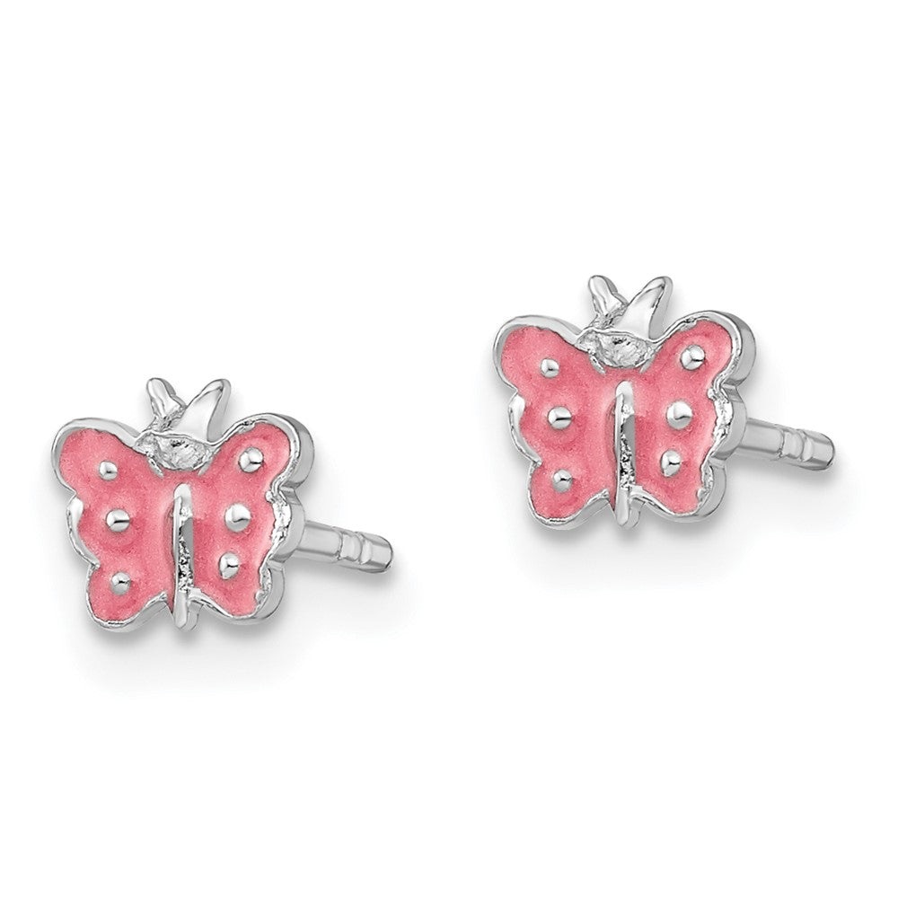 Sterling Silver RH-pltd Pink Enameled Petite Butterfly Post Earrings