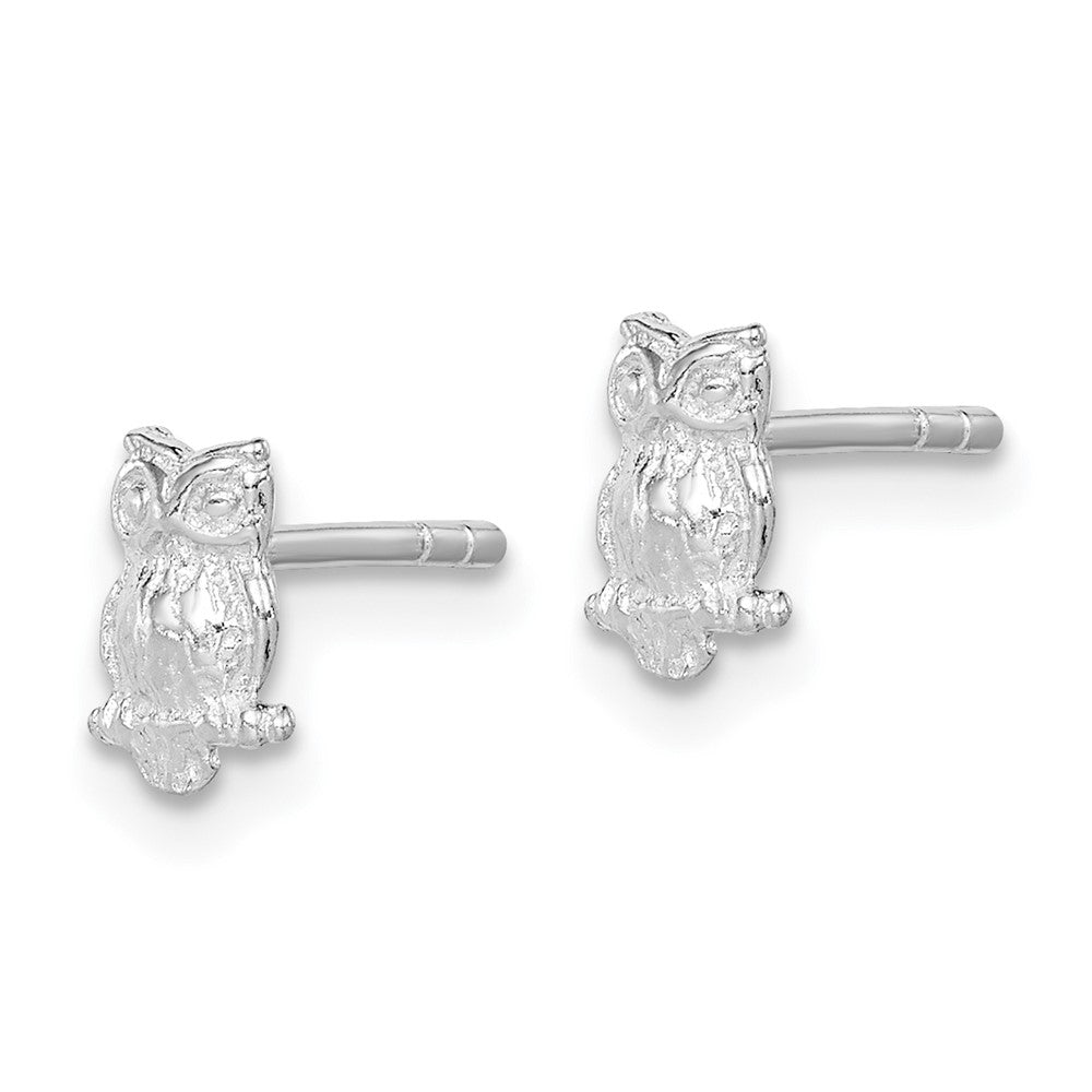 Sterling Silver Rhodium-plated Polished & Textured Owl Petite Post Earrings