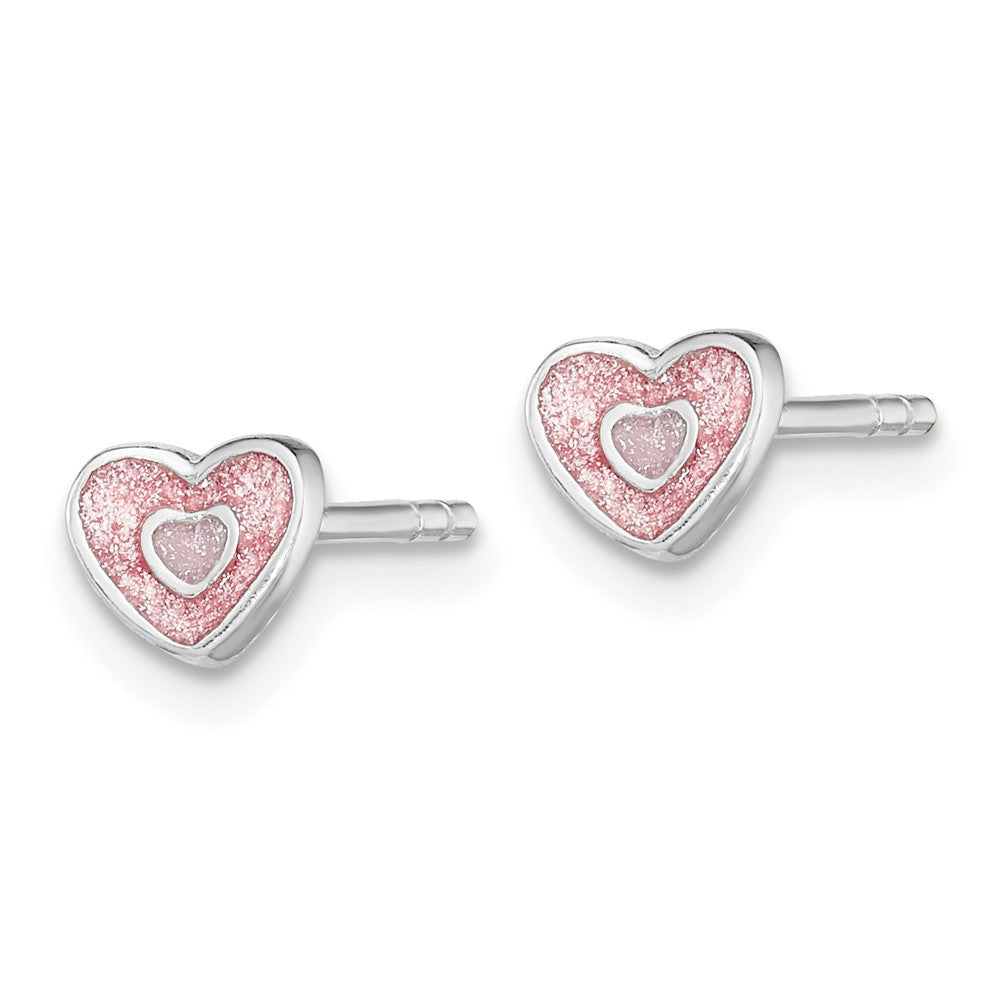 Sterling Silver RH-plated Pink Glitter Enamel Heart Petite Post Earrings