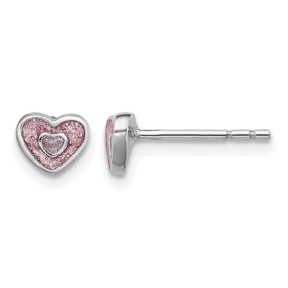 Sterling Silver RH-plated Pink Glitter Enamel Heart Petite Post Earrings
