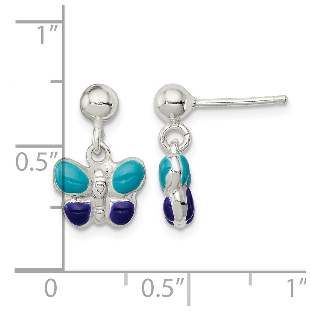 Sterling Silver Blue/Purple Enameled Butterfly Post Dangle Earrings