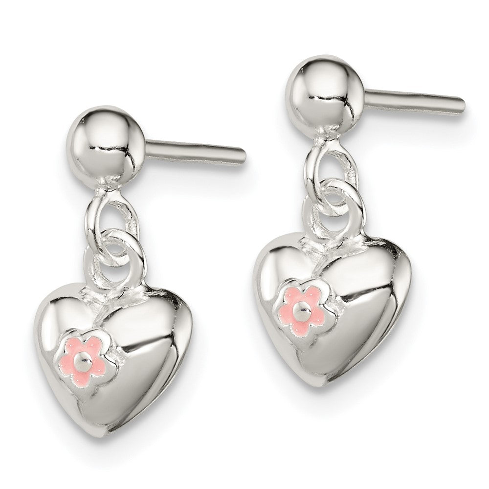 Sterling Silver Pink Enamel Flower Heart Post Dangle Earrings
