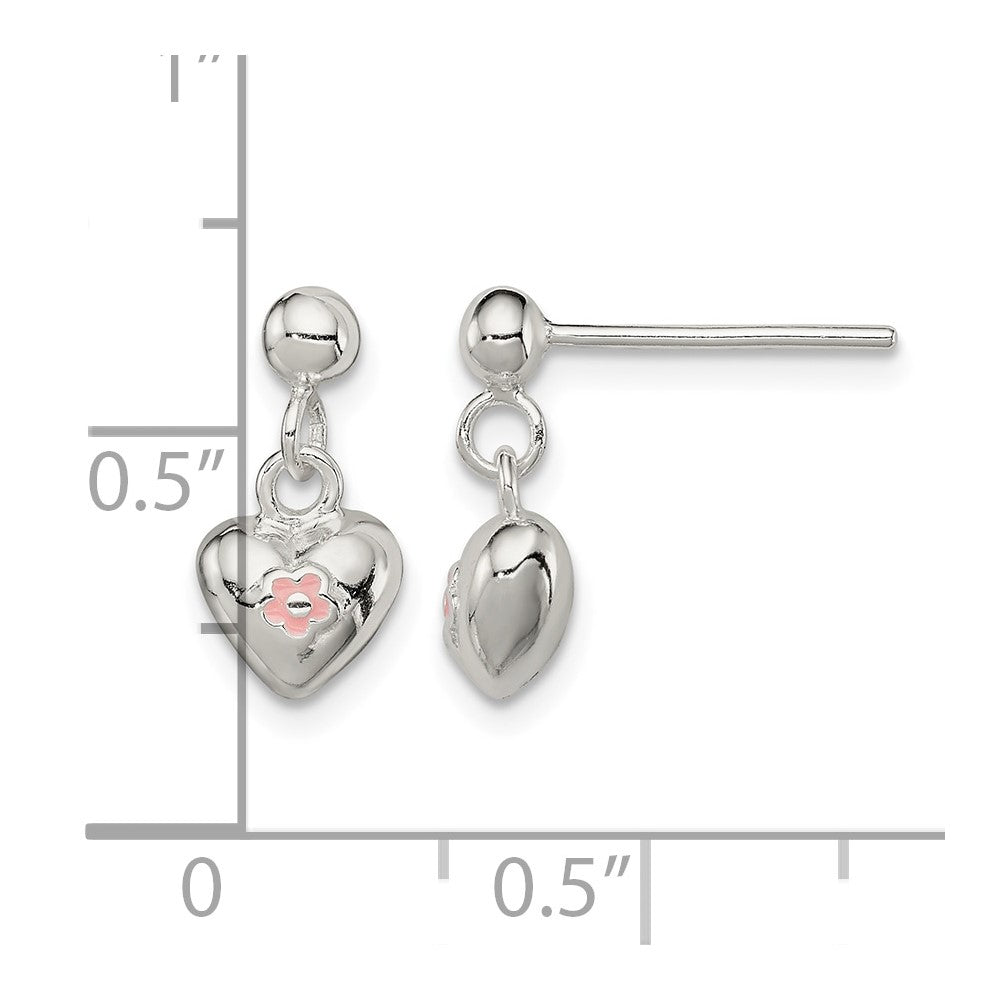 Sterling Silver Pink Enamel Flower Heart Post Dangle Earrings