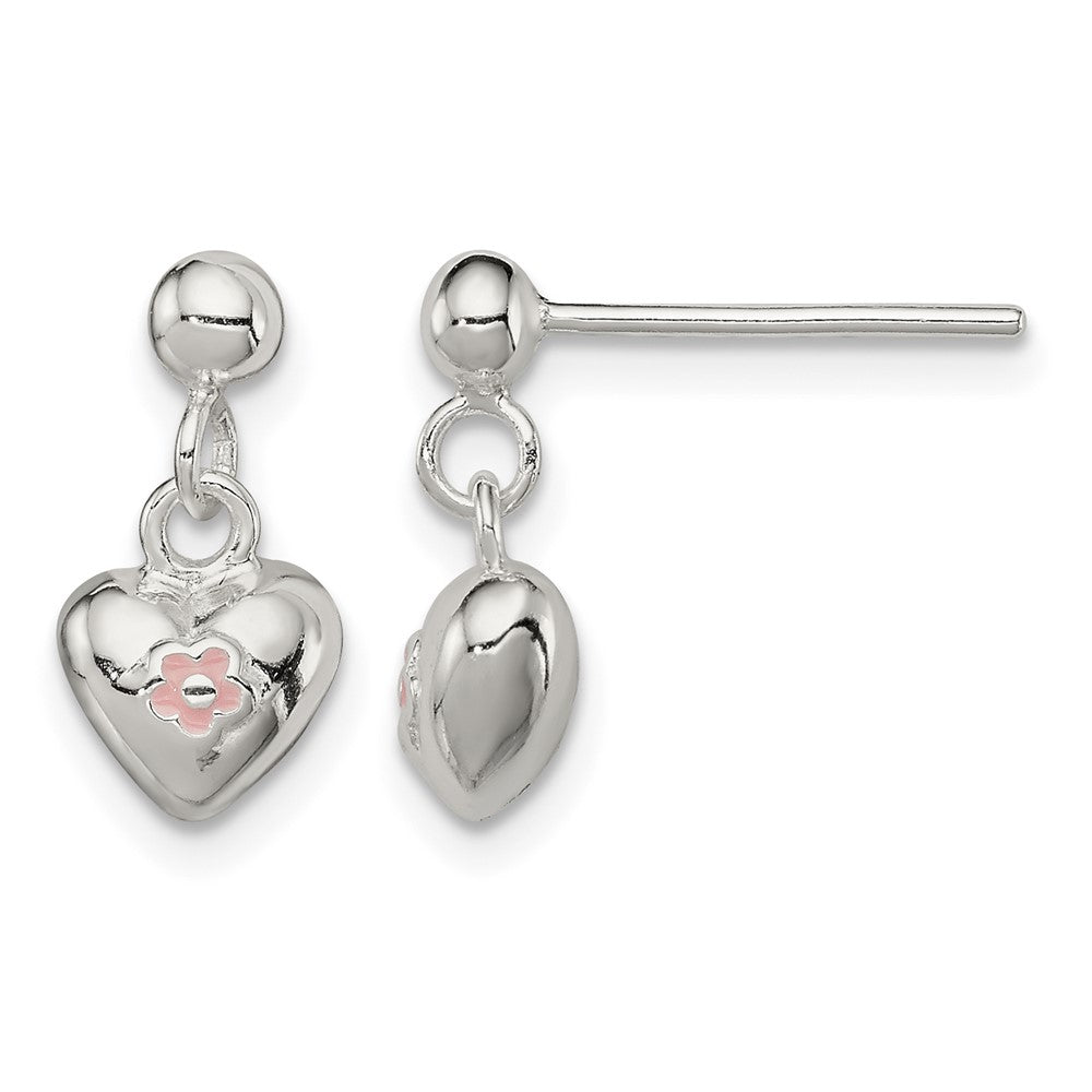 Sterling Silver Pink Enamel Flower Heart Post Dangle Earrings