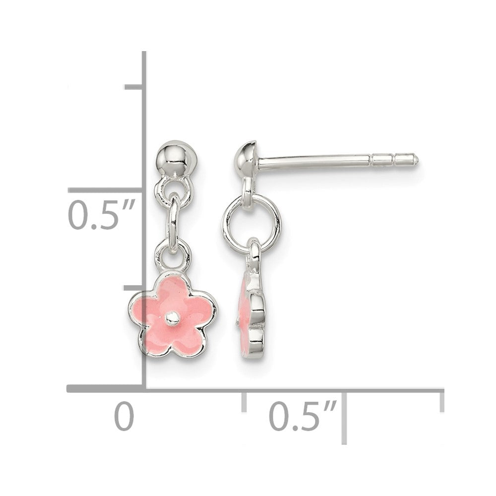 Sterling Silver Pink Enameled Flower Post Dangle Earrings