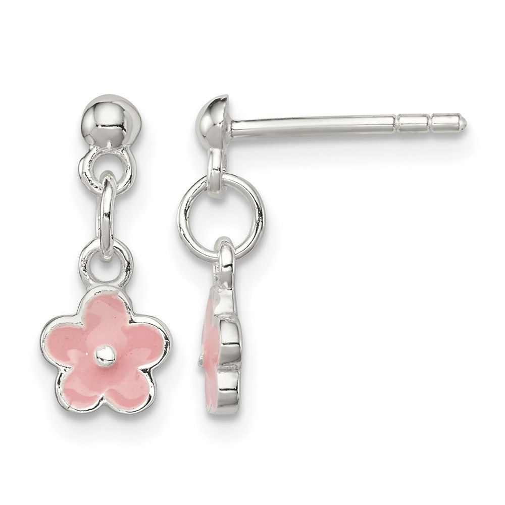 Sterling Silver Pink Enameled Flower Post Dangle Earrings
