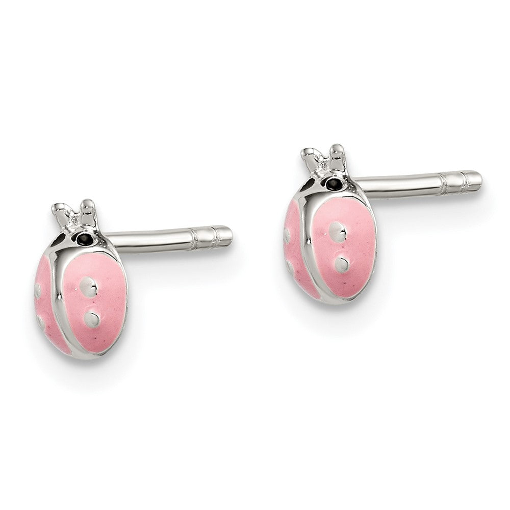 Sterling Silver Polished Pink and Black Enameled Ladybug Post Earrings