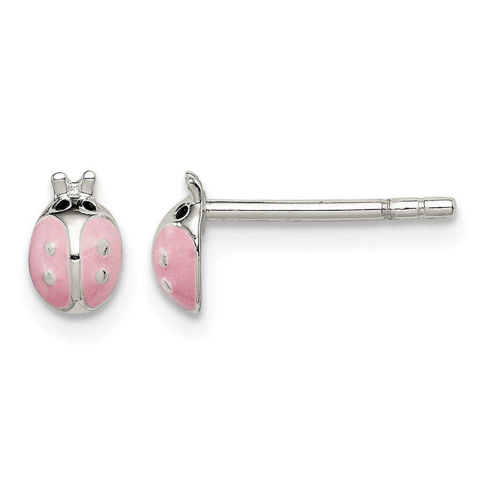 Sterling Silver Polished Pink and Black Enameled Ladybug Post Earrings