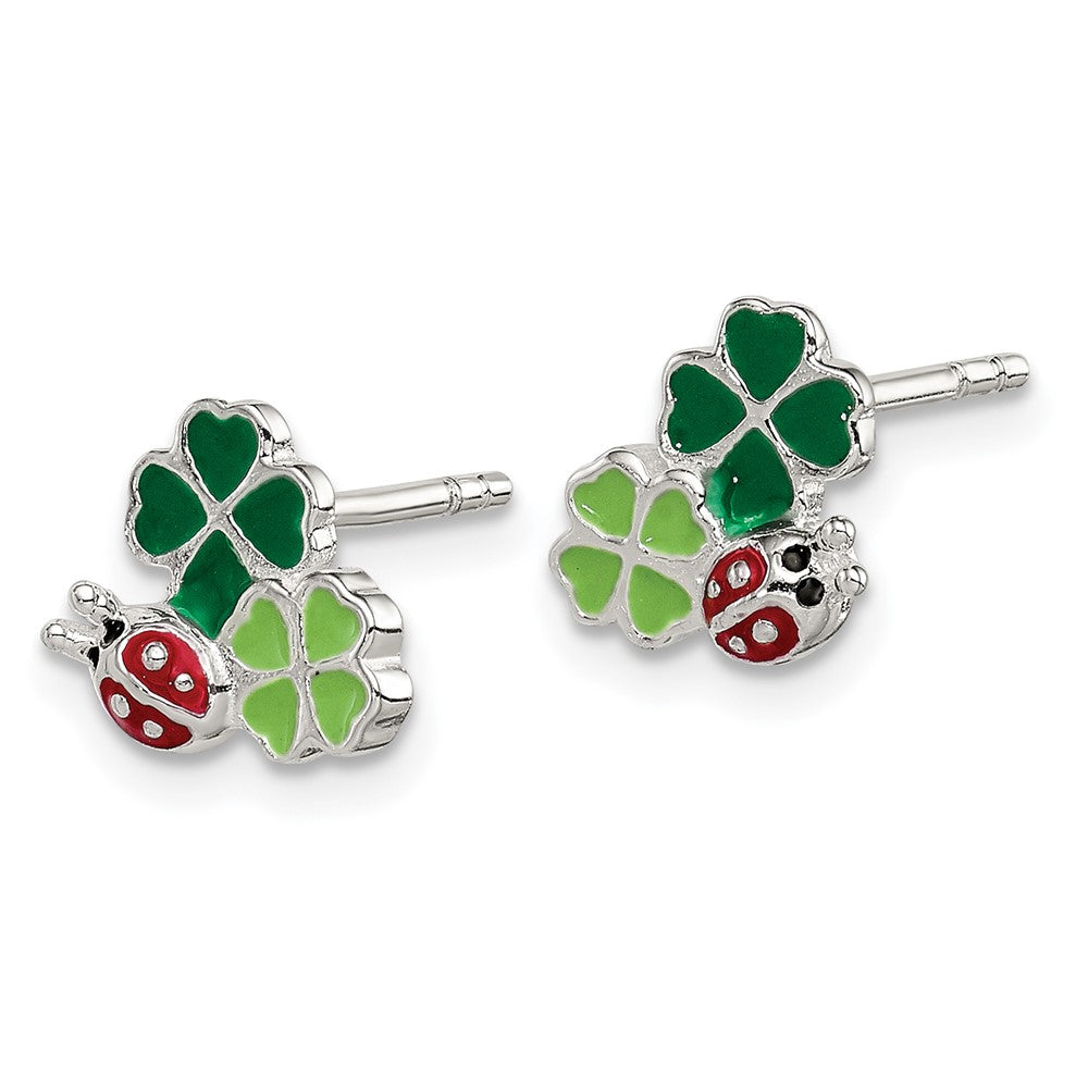 Sterling Silver Enameled Ladybug & Two Clovers Post Earrings