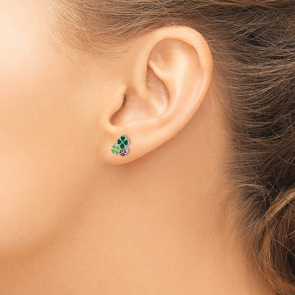 Sterling Silver Enameled Ladybug & Two Clovers Post Earrings