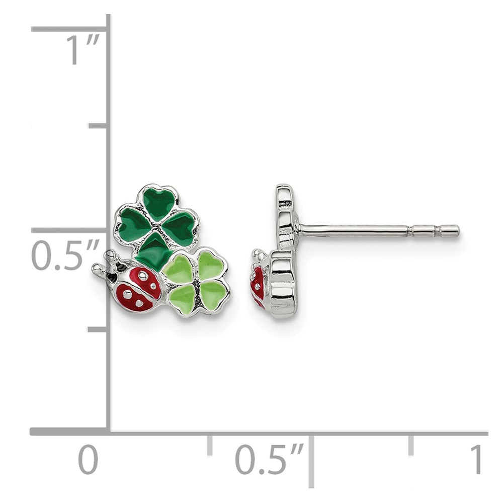 Sterling Silver Enameled Ladybug & Two Clovers Post Earrings
