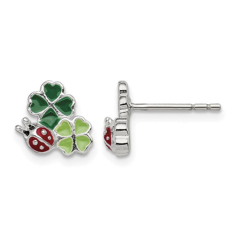 Sterling Silver Enameled Ladybug & Two Clovers Post Earrings