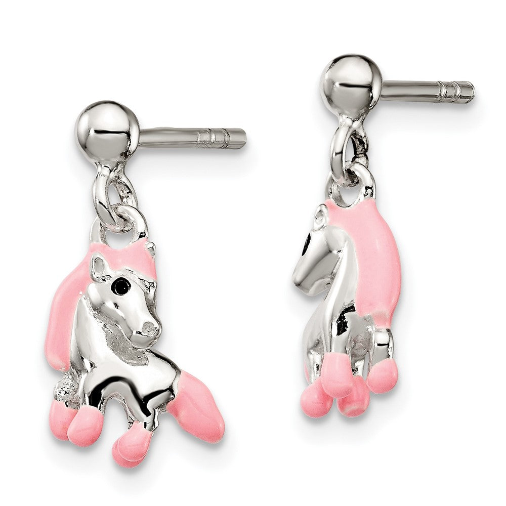 Sterling Silver Pink Enamel Horse Post Dangle Earrings