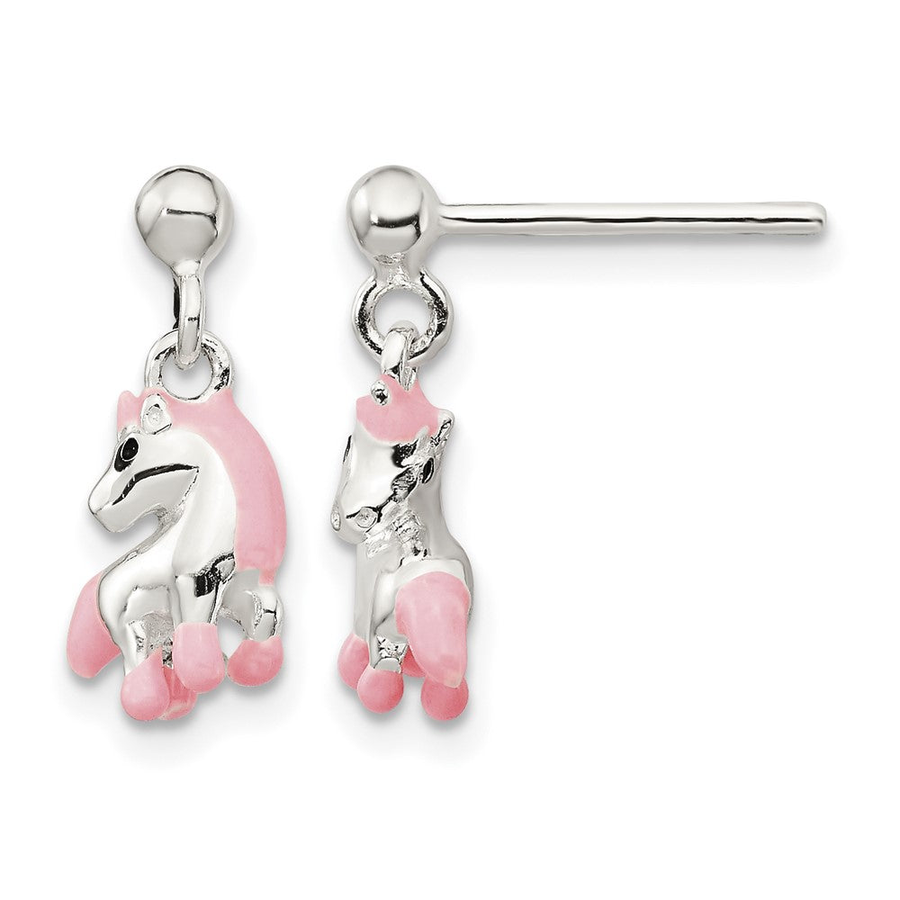 Sterling Silver Pink Enamel Horse Post Dangle Earrings