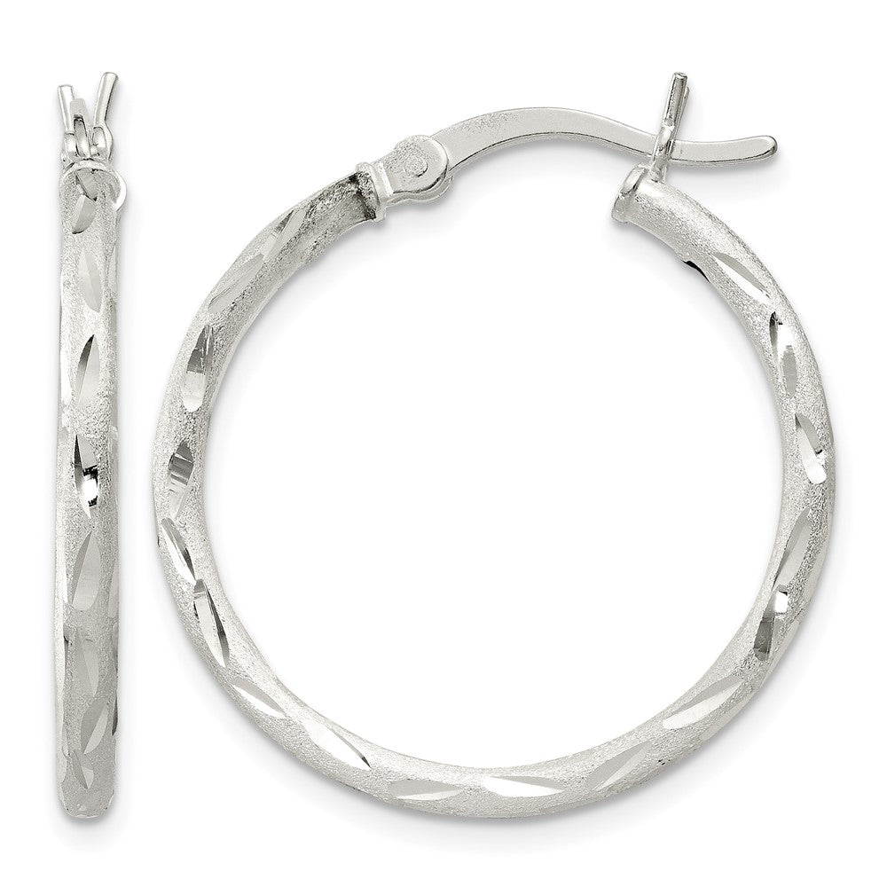 Sterling Silver Satin Diamond-cut 2x25mm Hoop Earrings