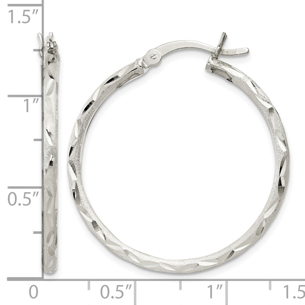 Sterling Silver Satin Diamond-cut 2x31mm Hoop Earrings