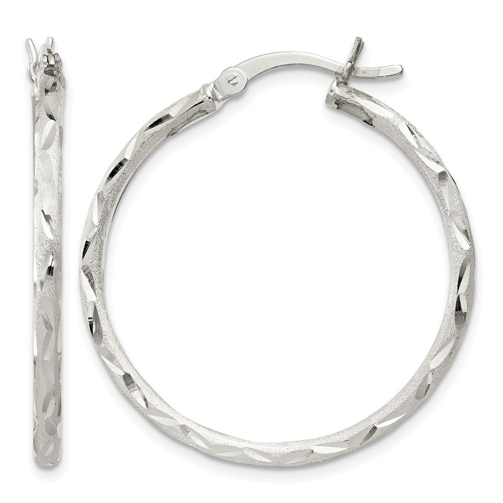Sterling Silver Satin Diamond-cut 2x31mm Hoop Earrings