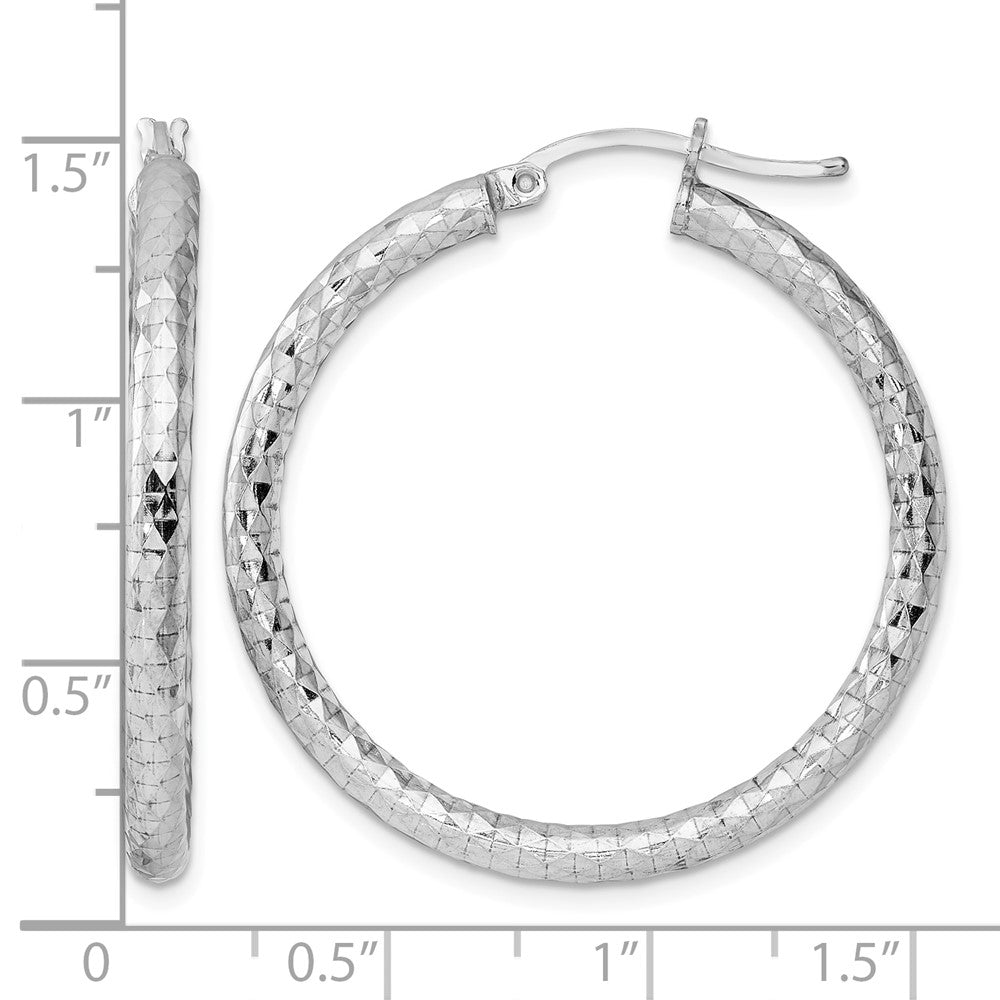 Sterling Silver Rhodium-plated Textured 3x35mm Hoop Earrings