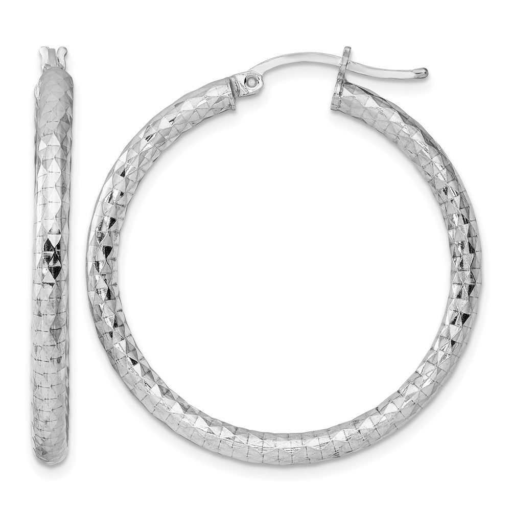 Sterling Silver Rhodium-plated Textured 3x35mm Hoop Earrings