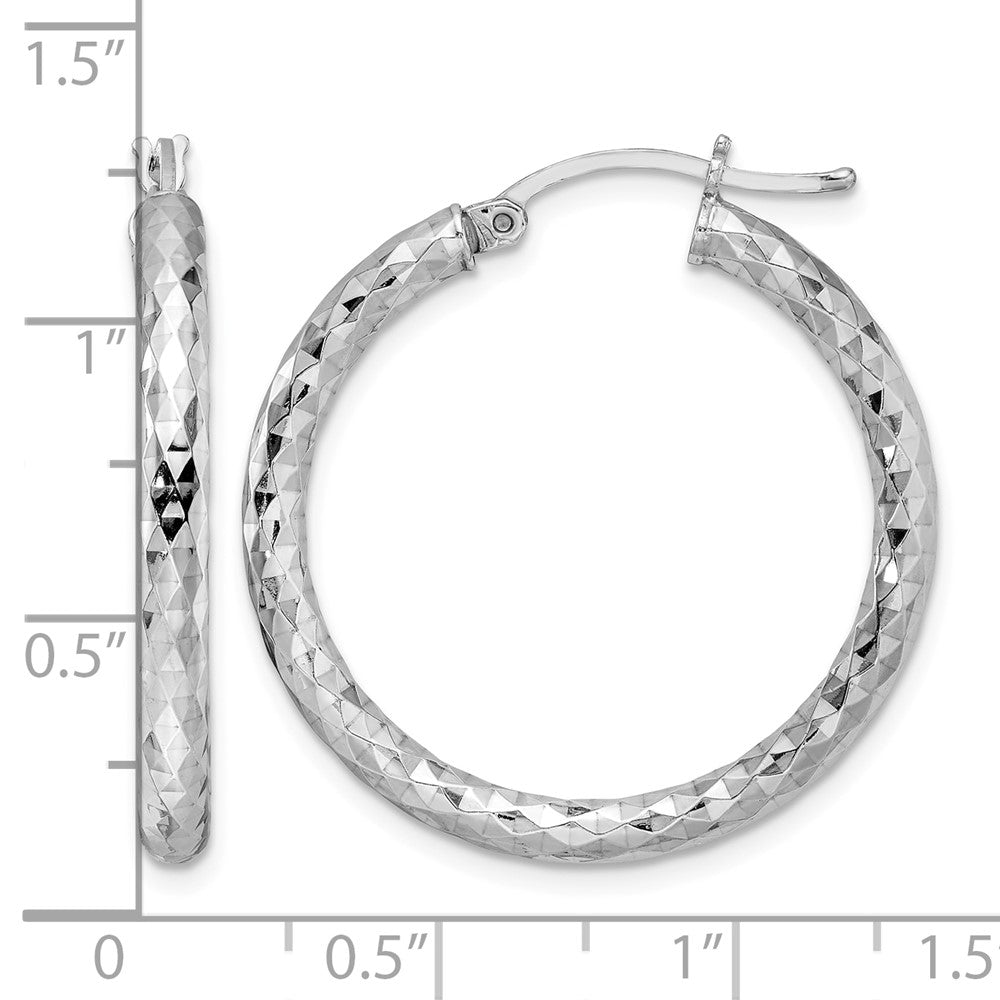Sterling Silver Rhodium-plated Textured 3x30mm Hoop Earrings