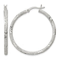 Sterling Silver 2.5mm Diamond-cut Laser-cut Hinged Hoop Earrings