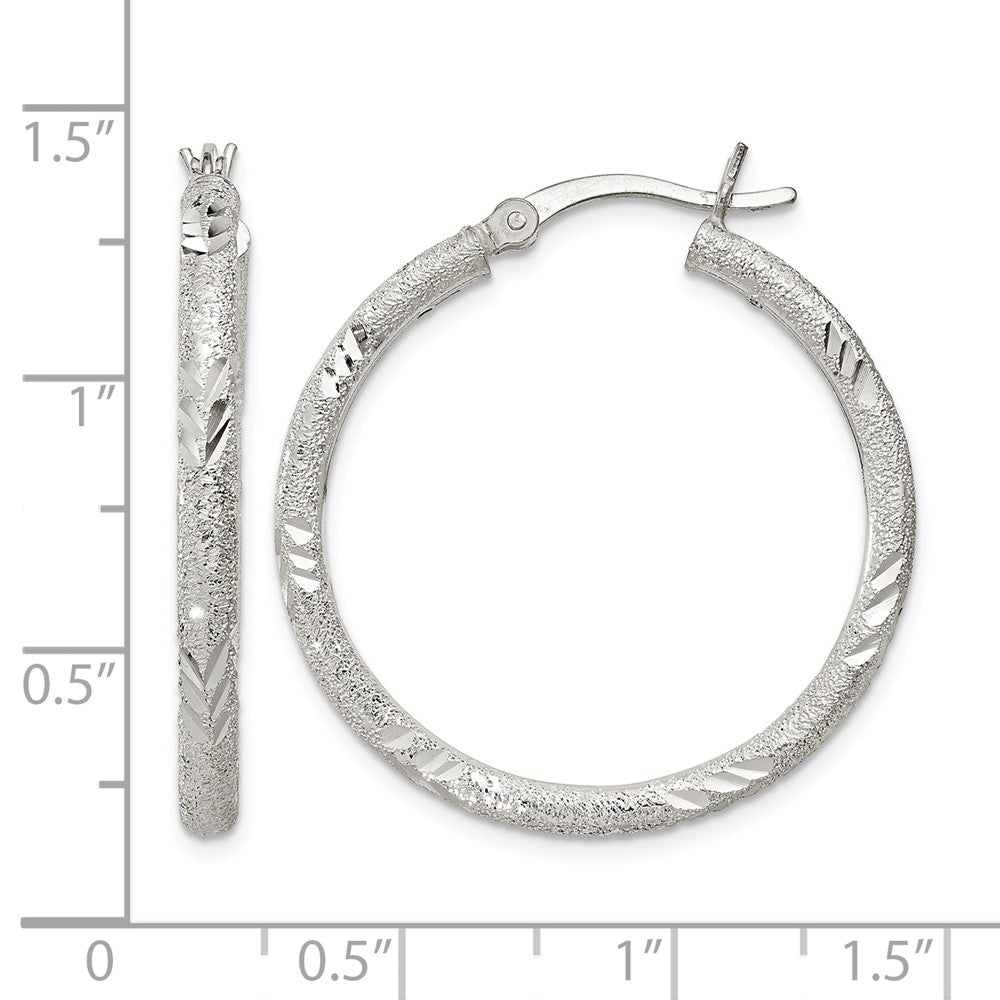 Sterling Silver 2.5mm Diamond-cut Laser-cut Hinged Hoop Earrings
