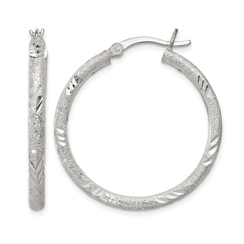 Sterling Silver 2.5mm Diamond-cut Laser-cut Hinged Hoop Earrings