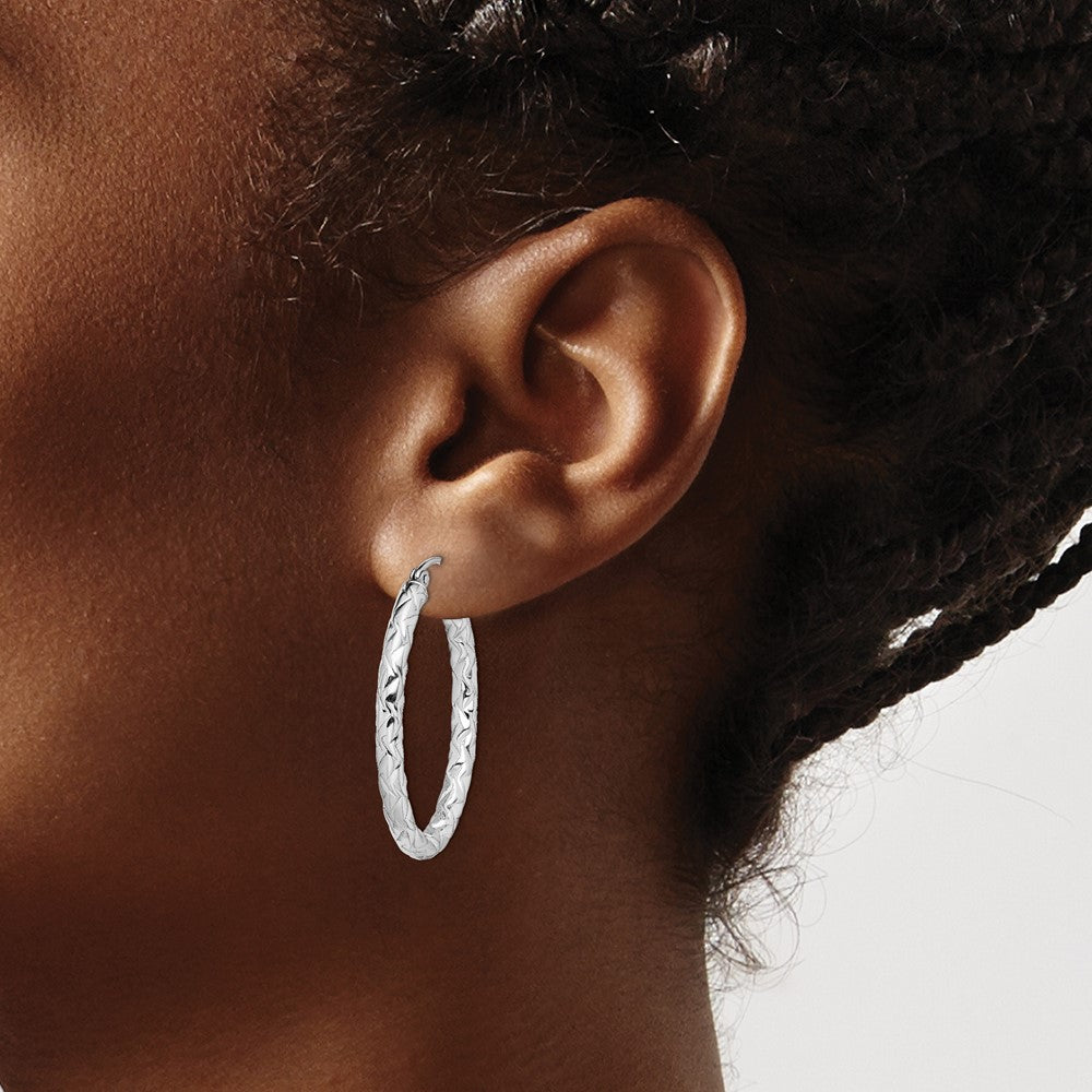 Sterling Silver RH-plated D/C Textured 3mm Oval Hoop Earrings
