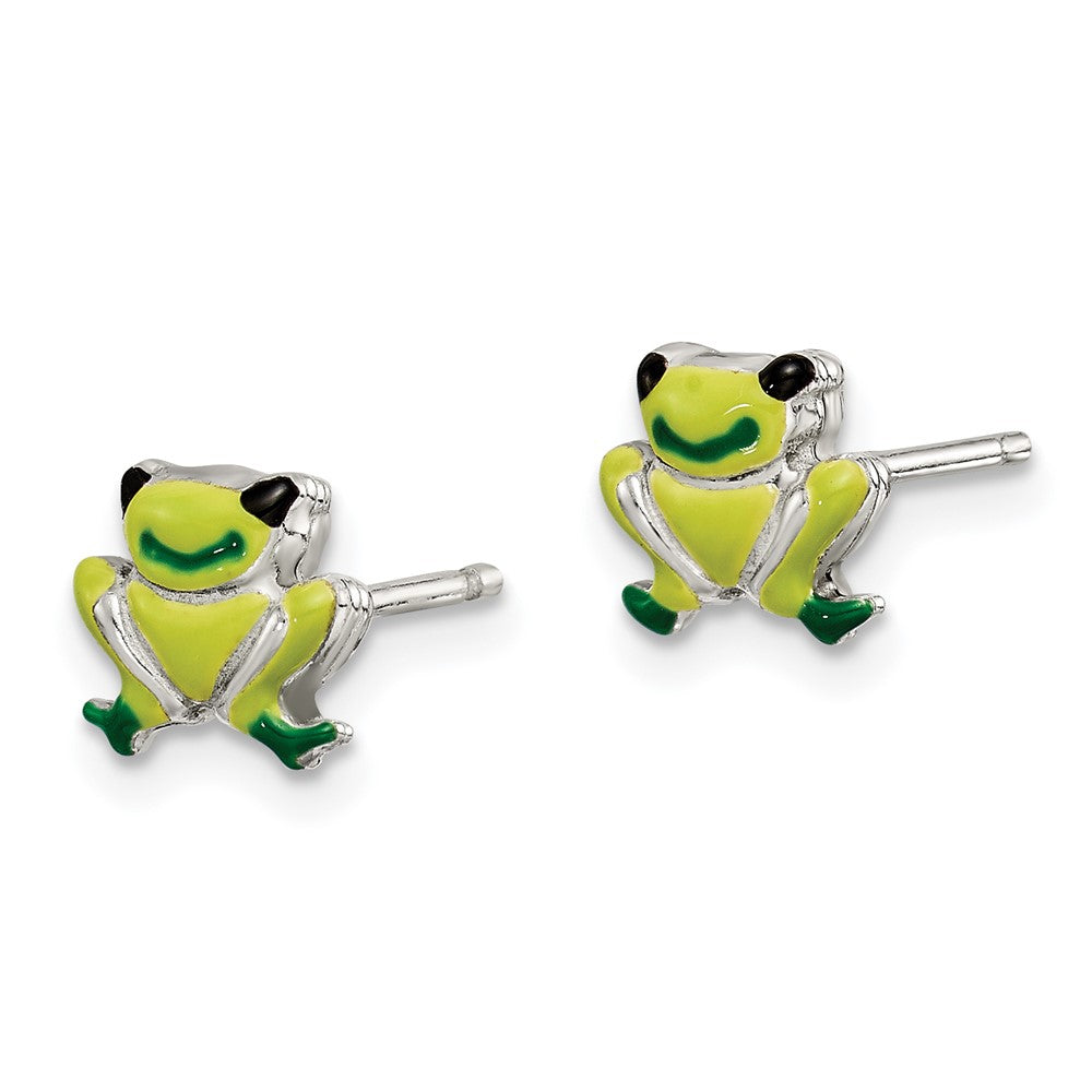 Sterling Silver Polished Green Enamel Frog Post Earrings