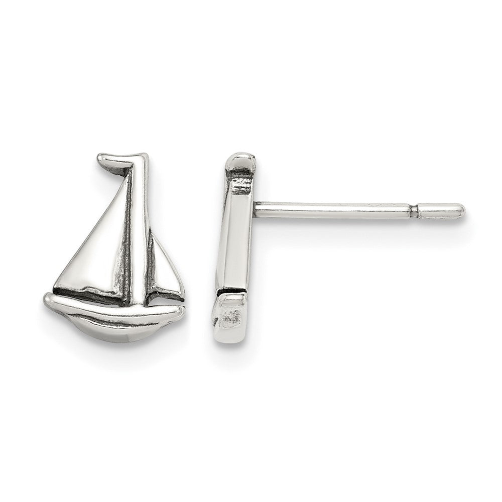 Sterling Silver Polished and Antiqued Sailboat Post Earrings