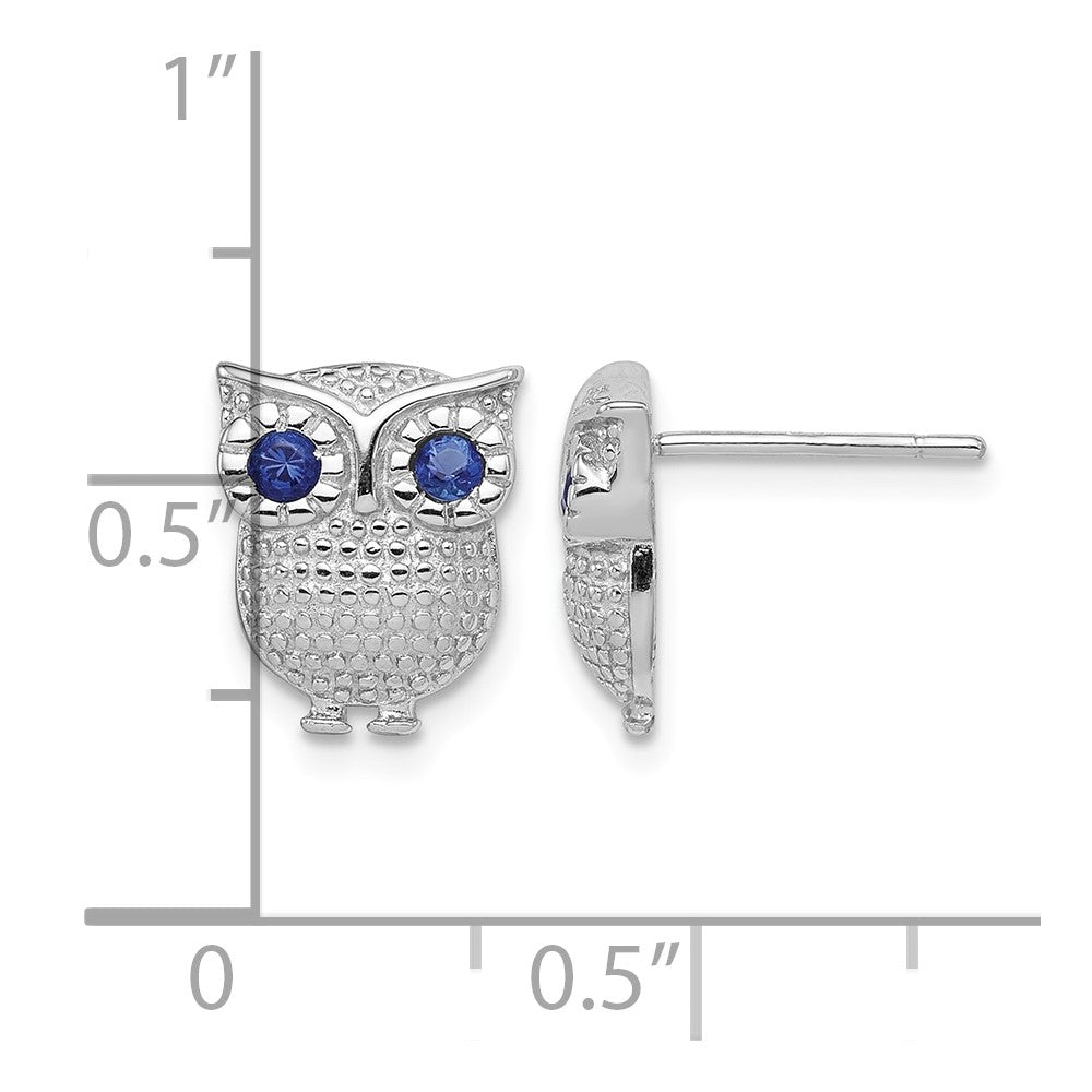 Sterling Silver RH-plated Blue Glass Owl Post Earrings