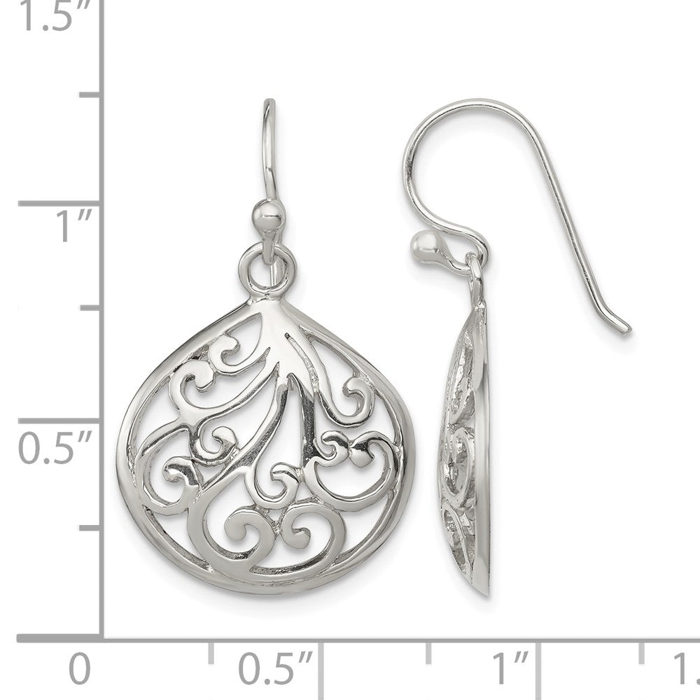 Sterling Silver Polished Filigree Swirl Wide Teardrop Dangle Earrings