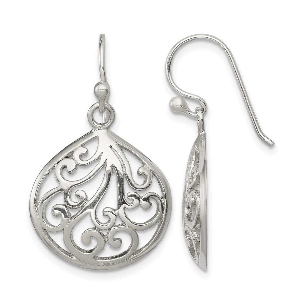 Sterling Silver Polished Filigree Swirl Wide Teardrop Dangle Earrings