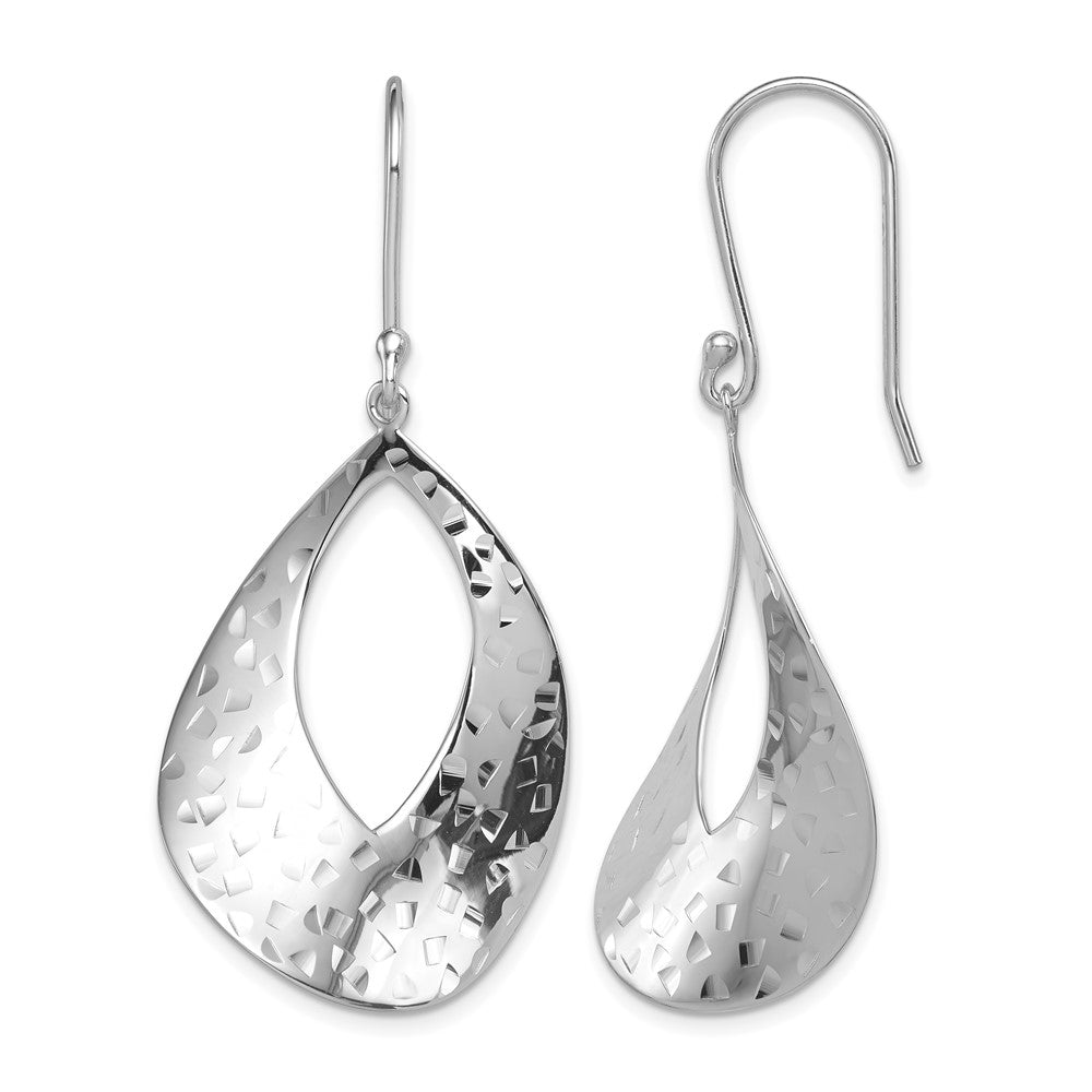 Sterling Silver RH-plated Polished & Textured Curved Teardrop Dangle Earrin