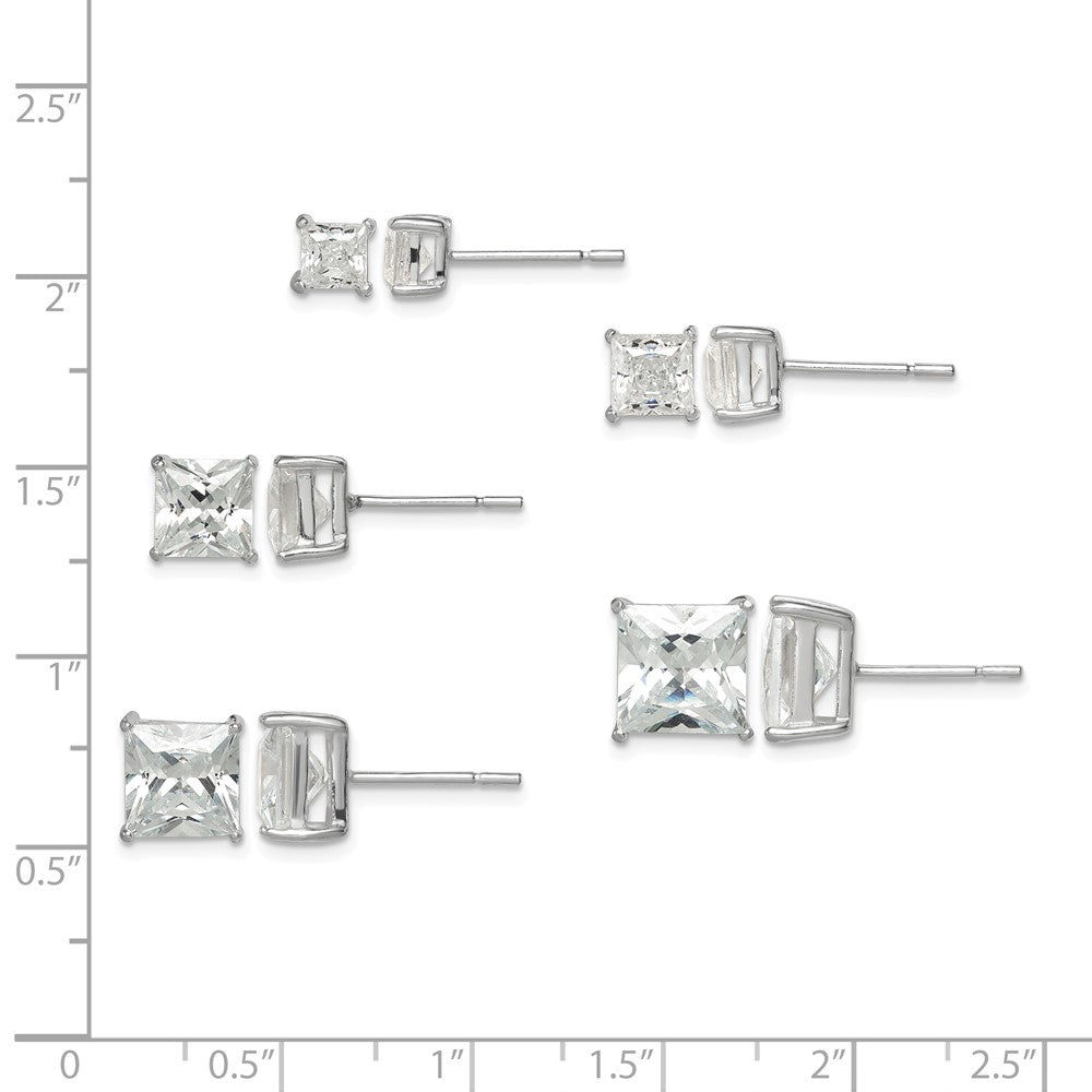 Sterling Silver Polished Square CZ 5-Pair Post Earrings Set